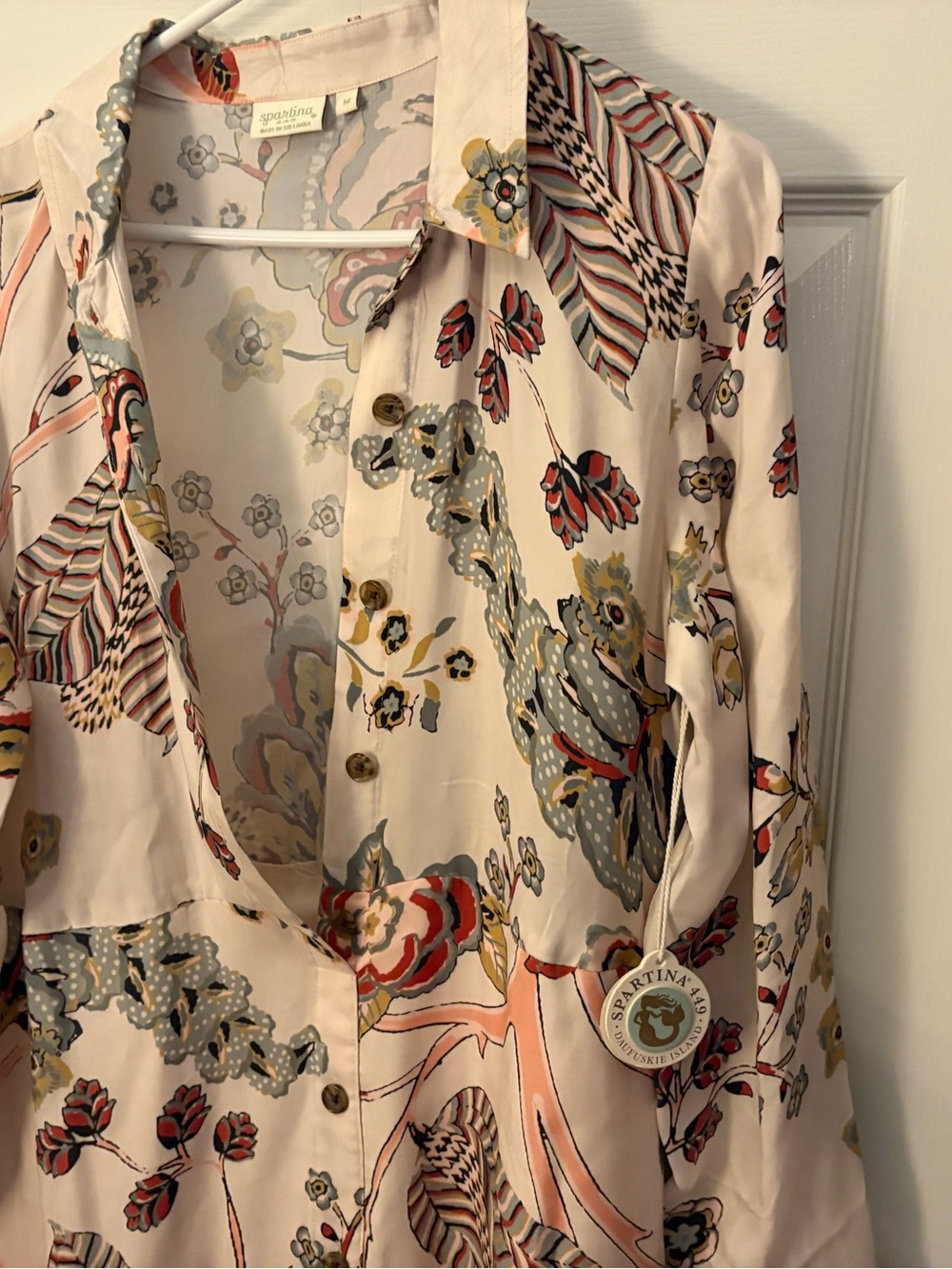 Spartina 449 Cream Floral Button-Front Midi Dress with Peach & Green Accents - Picture 3 of 3
